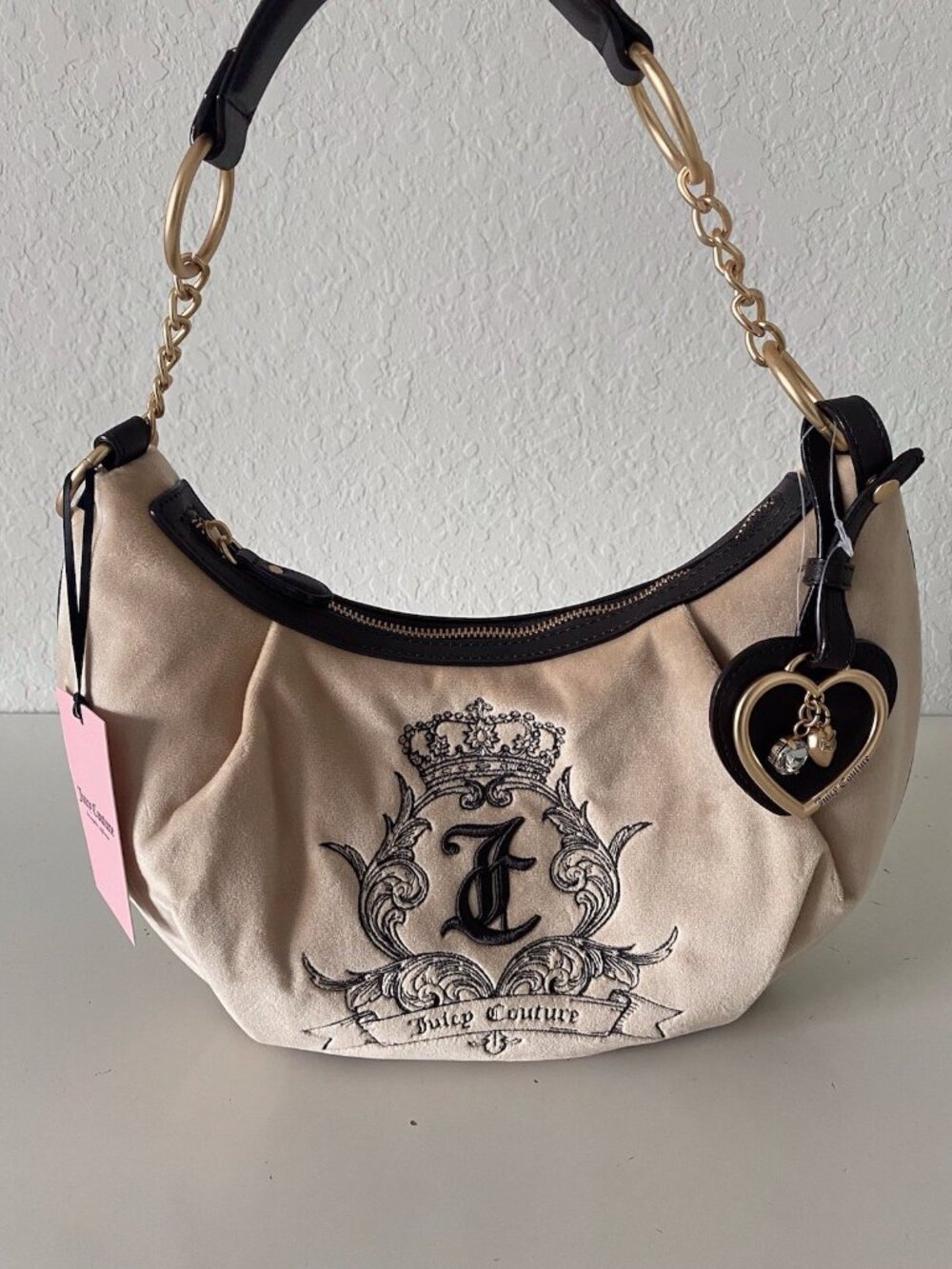 Juicy Couture Need‎ More Juicy Hobo Shoulder Bag Buff Beige W/ Heart Charm NEW